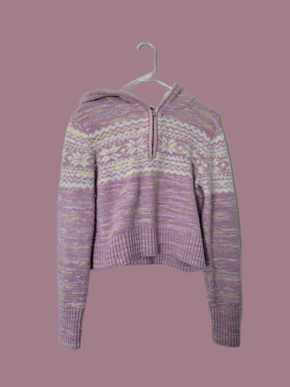 No Boundaries Lavender Hooded Half-Zip Sweater with Cream & Yellow Accents